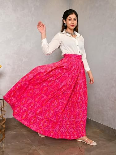 Aaheli Women’s Printed Bandhani Shirt and Skirt Set | Laasya Ethnic Co-Ord Set with Long Shirt and Flared Maxi Skirt | Traditional Festive Occasion Wear Outfit | White & Pink