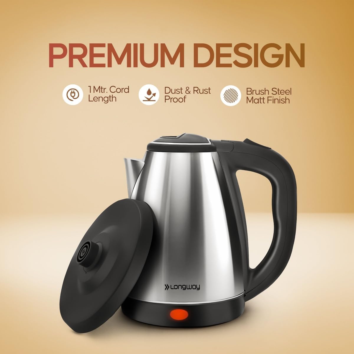 Longway Kestro 2 Liter Electric Kettle with Stainless Steel Body for Water Boiling, Tea/Coffee, Noodles And Soups (Black & Silver, 1500 Watt)