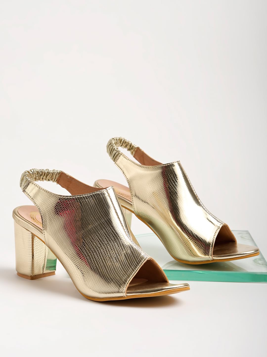 Shoetopia Western Embellished Golden Block Heeled Sandals For Women & Girls /UK7
