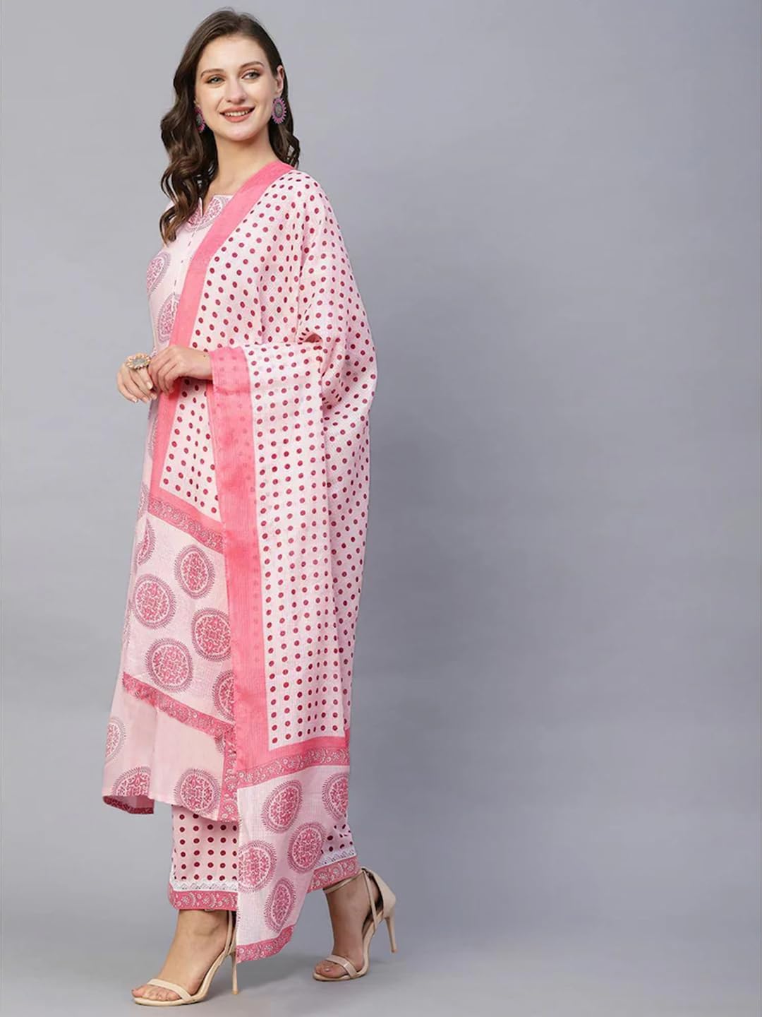 Tee Projekt Women's Cotton Blend Sweetheart Neck Straight Kurta Pant with Dupatta Set ll Straight Kurta Set ll Printed Kurta Set Pink