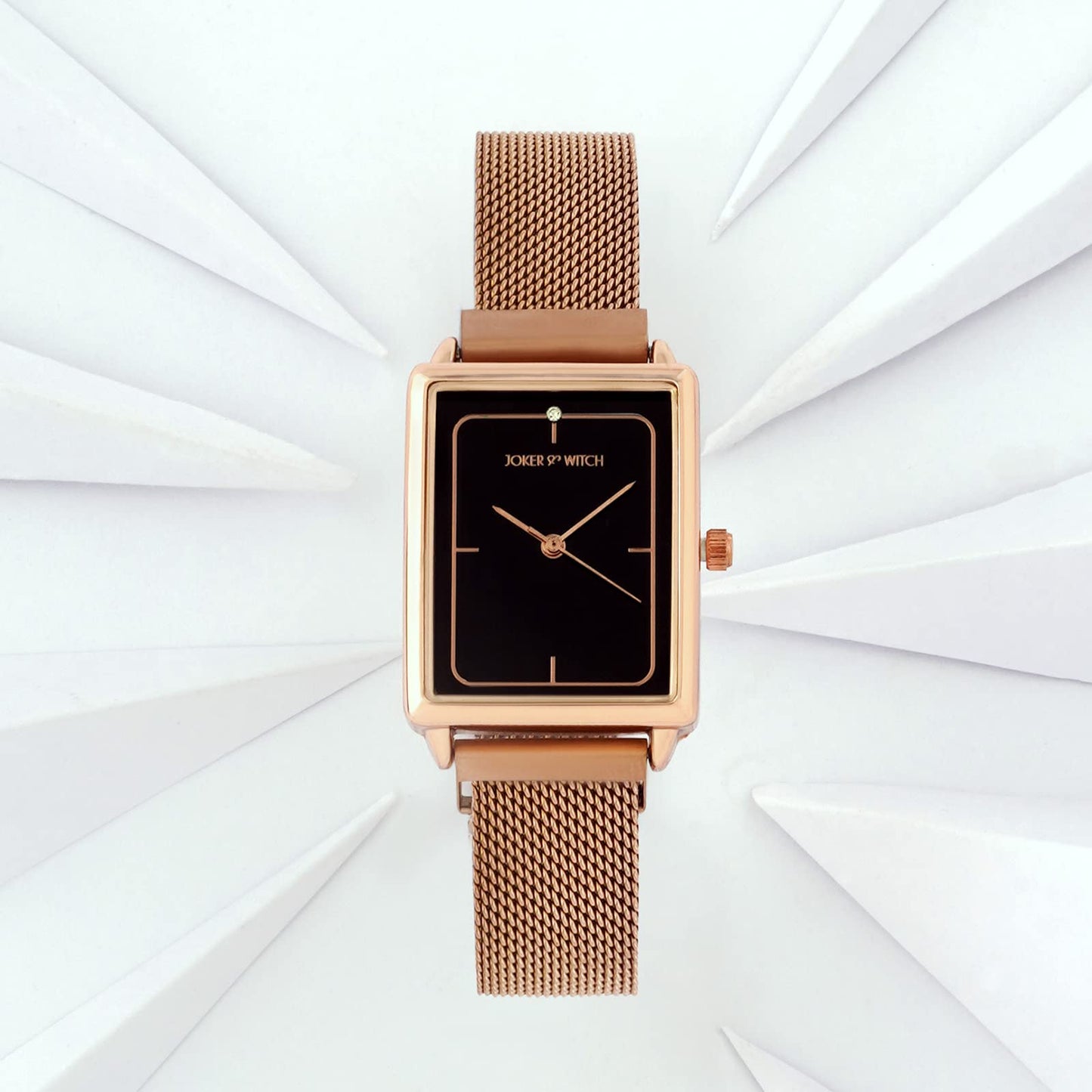 Joker & Witch Quad Black Rectangle Dial Rosegold Mesh Strap Analog Women's Watch