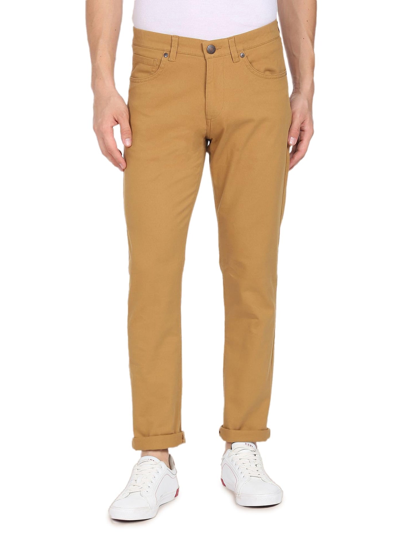 U.S. POLO ASSN. Men's Solid Brandon Regular Fit Mid Rise Casual Trousers (USTROO0269_Khaki_32)