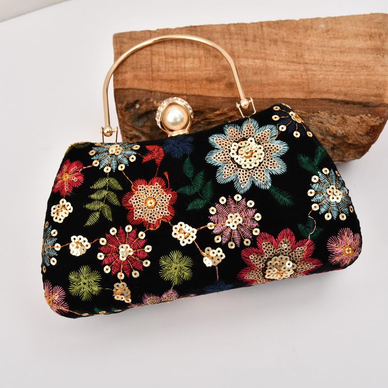 For The Beautiful You Women's Embroidered Velvet Clutch Purse with Pearl Clasp and Detachable Chain – Elegant Evening Handbag for Wedding, Party (Black)