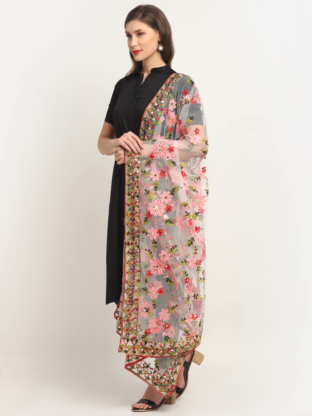 Shasmi Women's Heavy Net Embroidered Fancy phulkari work Dupatta for women (ONLY Dupatta) (White)