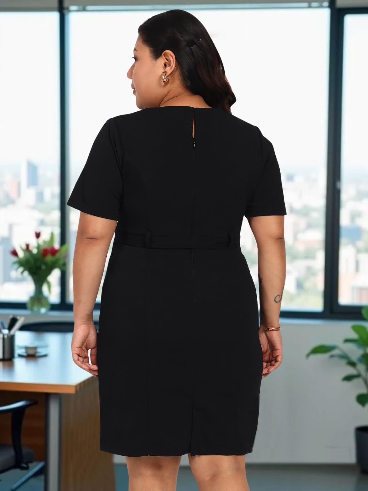 wild U Women Plus Size Western Dress | Stretchable | Pocket | Stylish | with Belt | Formal Office Wear (Black, Size : 6XL)