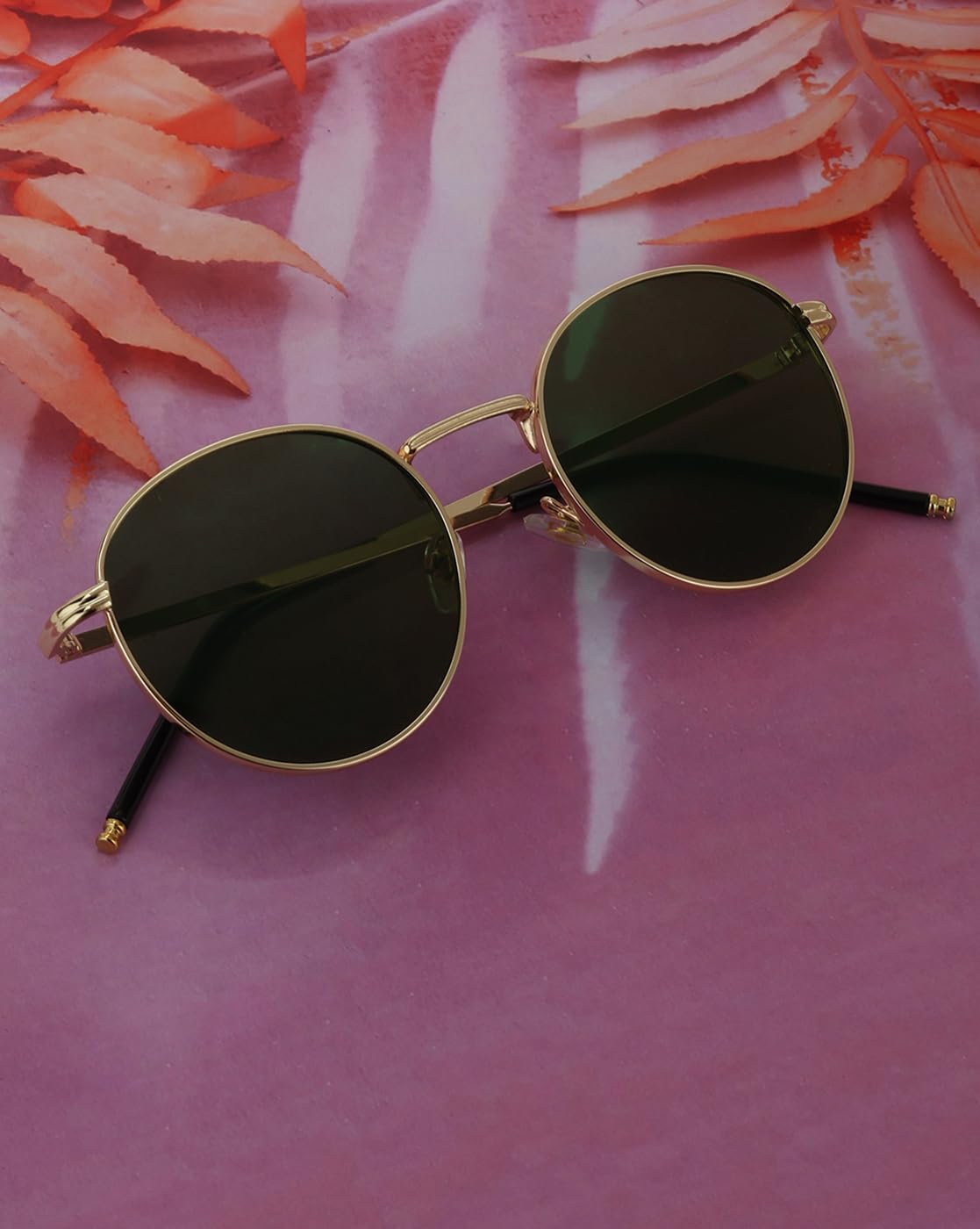 Carlton London Gold Toned with Green UV Protected Lens Round Sunglass for unisex