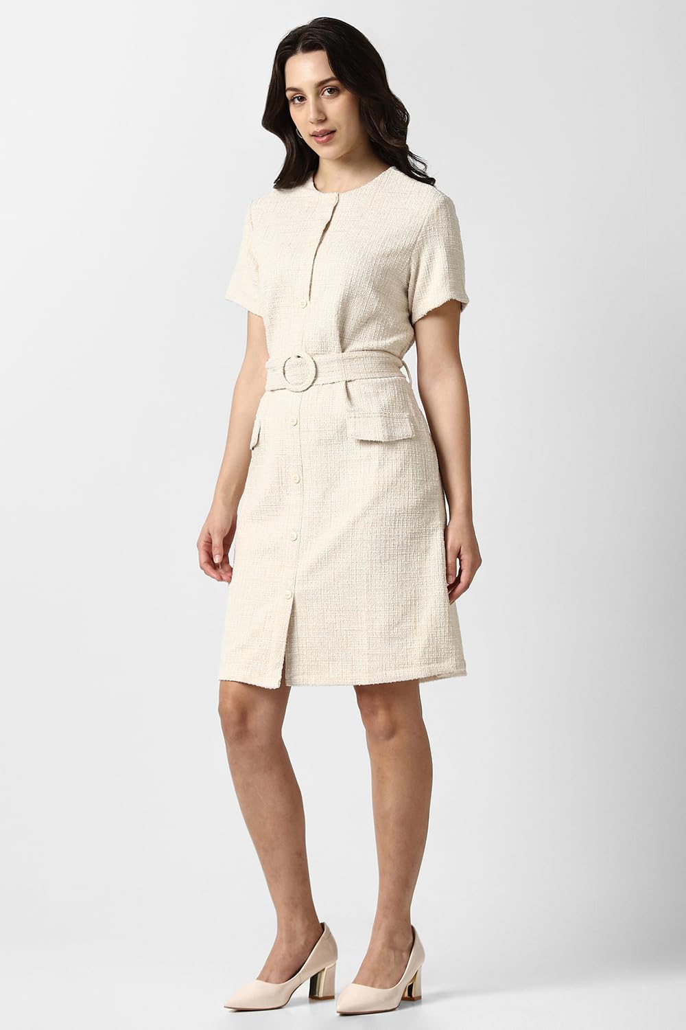 Van Heusen Women's Polyester Modern Above The Knee Dress (VWDRFRGF642404_Beige