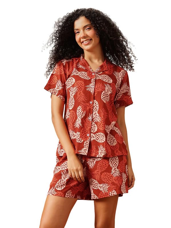 Clovia Women's Rayon Co-ord Nightwear Set – Printed Button-Down Shirt & Shorts | Lounge & Sleep Set (LS0141G06_Brown_XL)