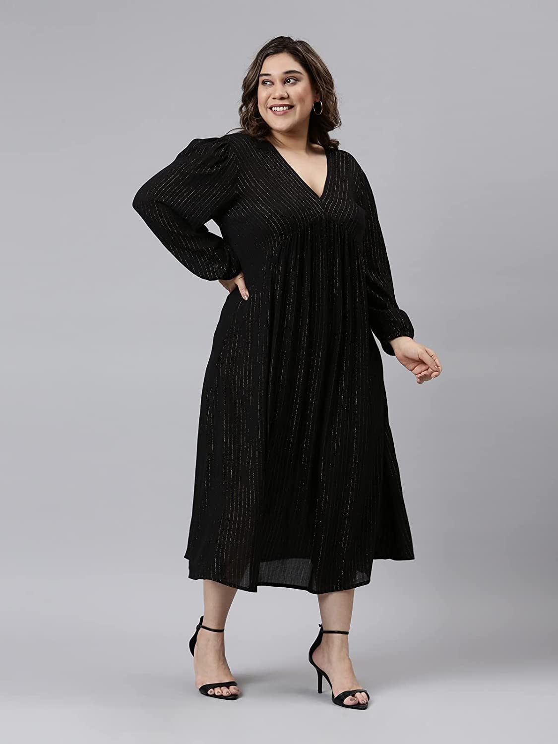 The Pink Moon Women's Maxi Plus Size Lurex Dress - (DRS_100_GOLDLX_Black_5XL)