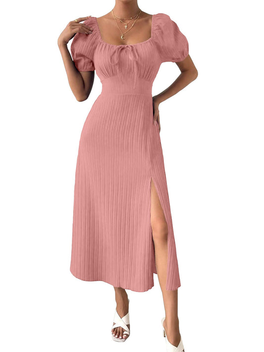 Shasmi Women's & Girl's Peach Tie Front Split Thigh Milkmaid Maxi Dress – Square Neck Puff Sleeve A-Line Long Dress, Elegant Casual & Parties Wear for Ledies (Dress 245 Peach-XL)