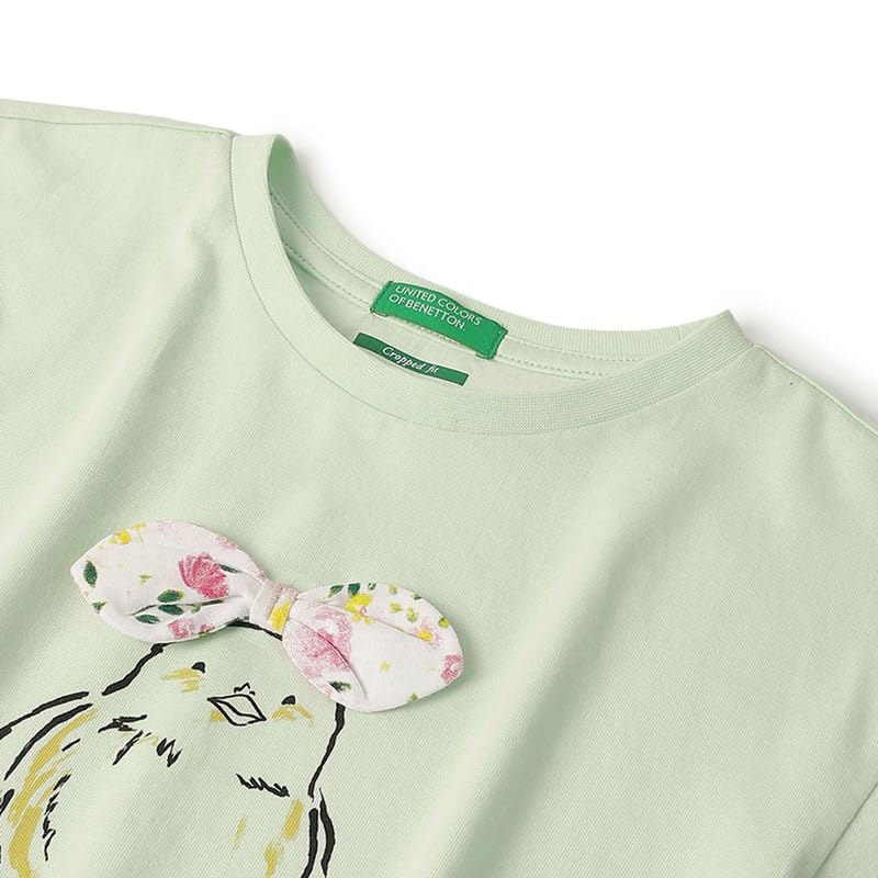 United Colors of Benetton Cropped Fit Round Neck Bow Applique Bunny T-Shirt