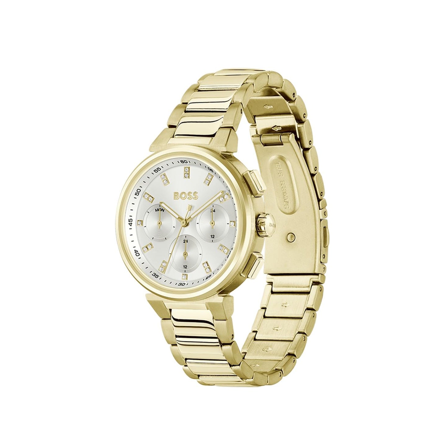 BOSS One Qtz Multifunction Silver White Round Dial Women's Watch|Ionic Plated Thin Gold Steel Material|Gold Color Band - 1502807