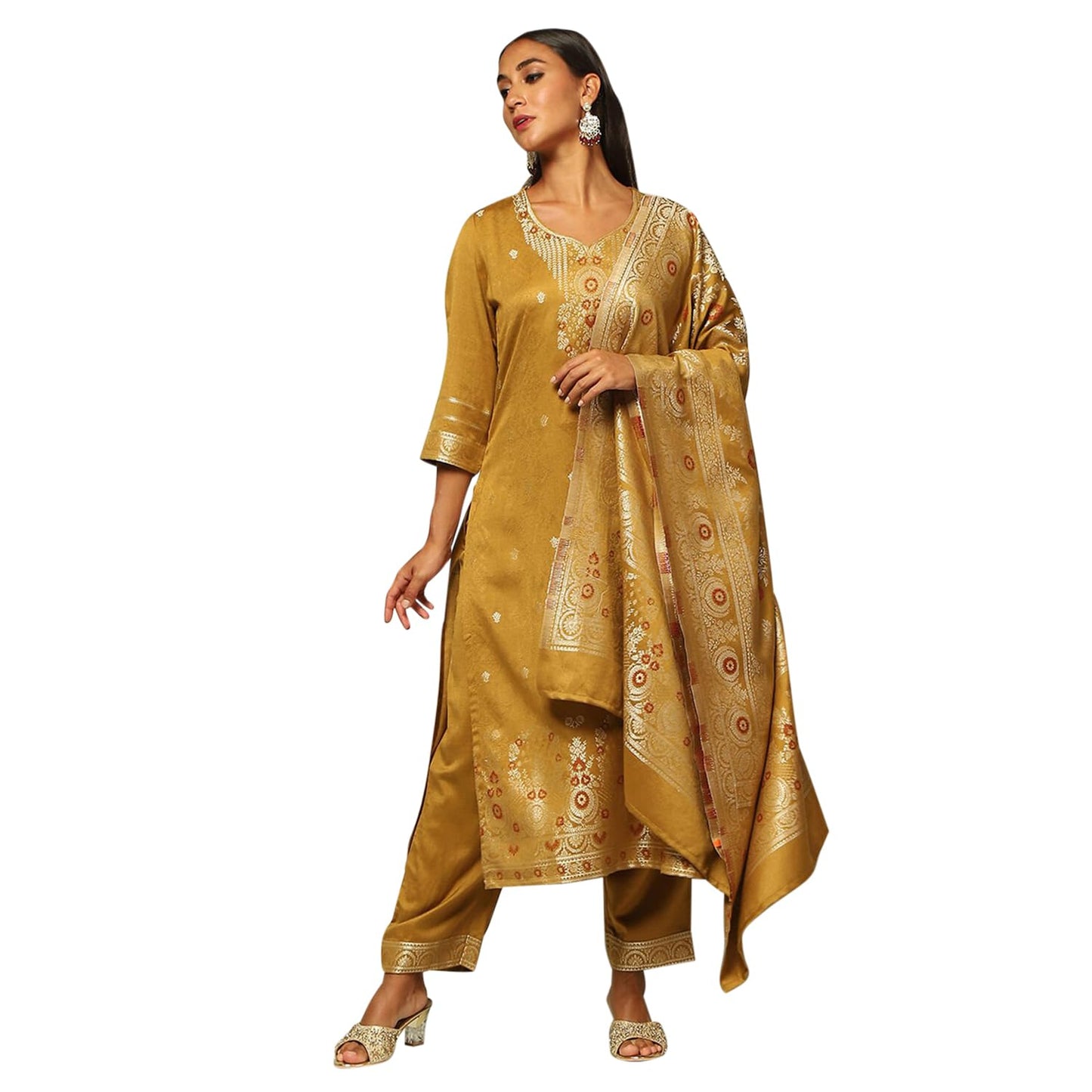 Rangriti Women's Acrylic Kurta Set (WNTRWR19626AW24MUSTYEL_Mustard