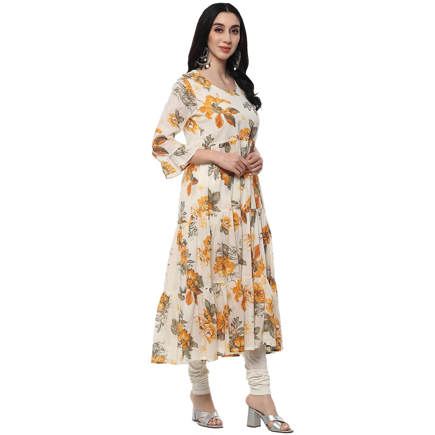 BIBA Women PRINTED TIRED SALWAR KURTA DUPATTA(SKDSUMMER BREEZE9409_OFF WHITE_36)