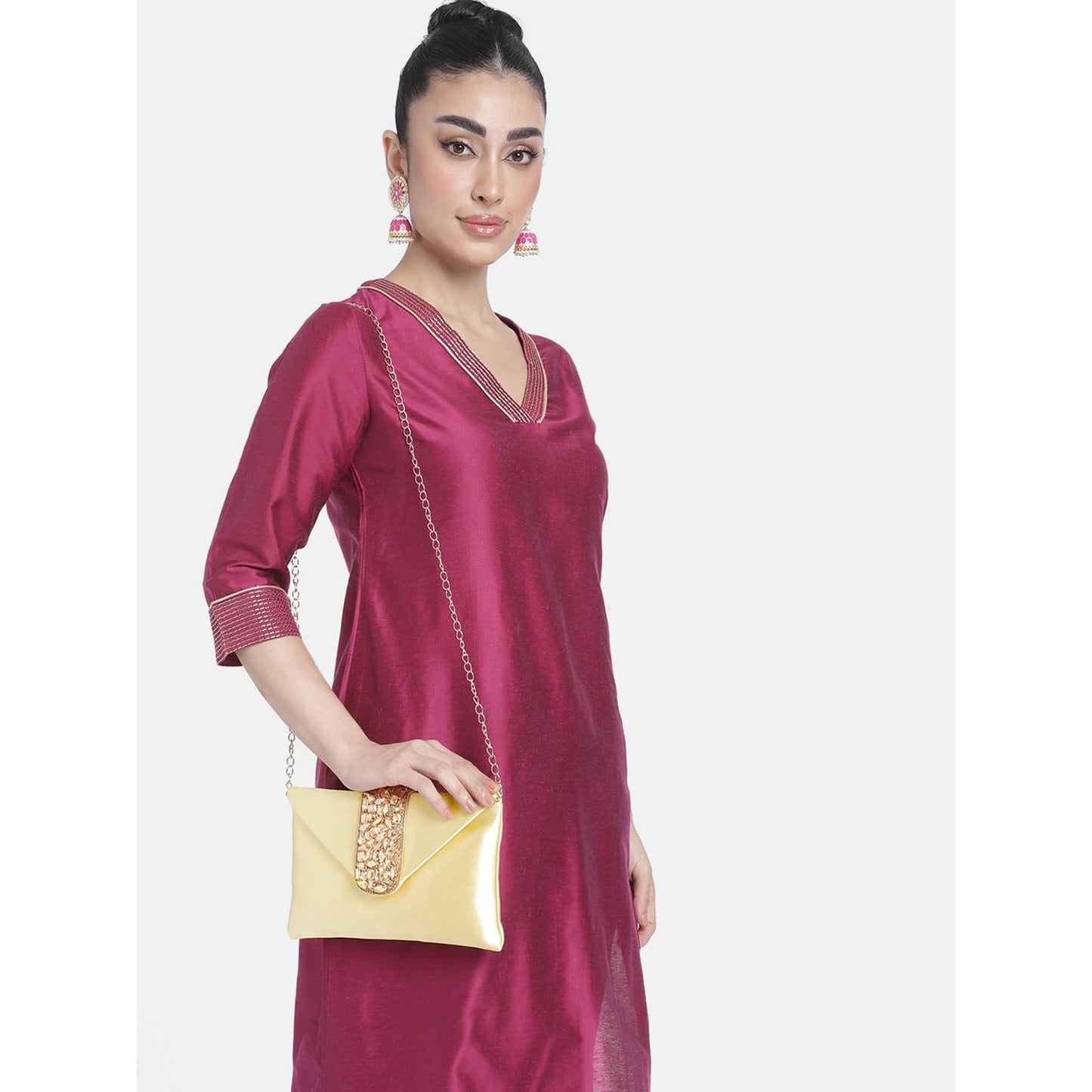 Peora Clutch Women's Purse Bridal Bag For Casual Detachable Strap Evening Sling Bag (Golden)