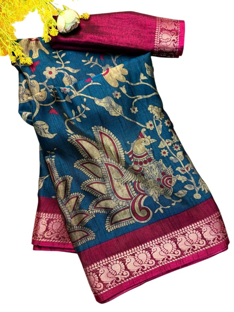 TUSHANA Women's Dola Silk Saree Kalamkari Traditional Print Zari Weaving Contrast Border Designer Pallu Attach Blouse Piece (Blue)