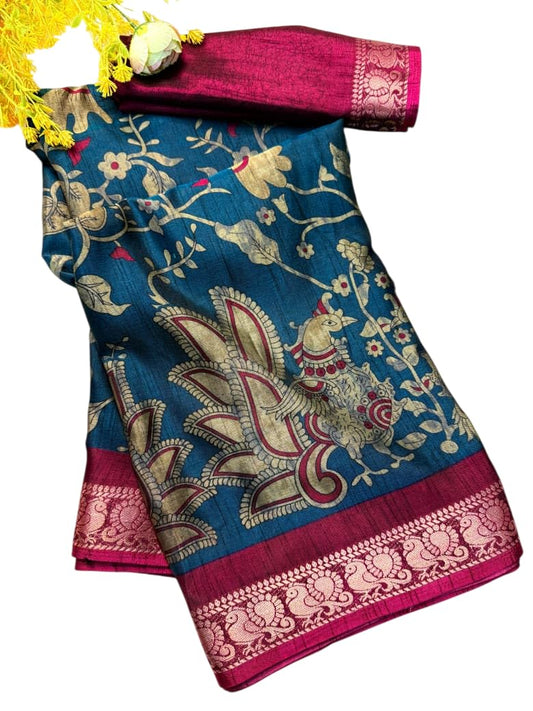 TUSHANA Women's Dola Silk Saree Kalamkari Traditional Print Zari Weaving Contrast Border Designer Pallu Attach Blouse Piece (Blue)