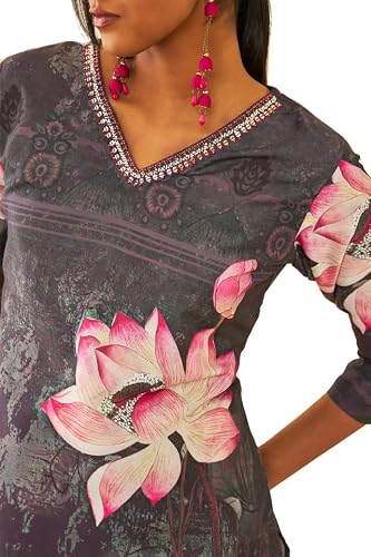 Soch Womens Purple Muslin Blend Floral Printed Kurta with Embellishment