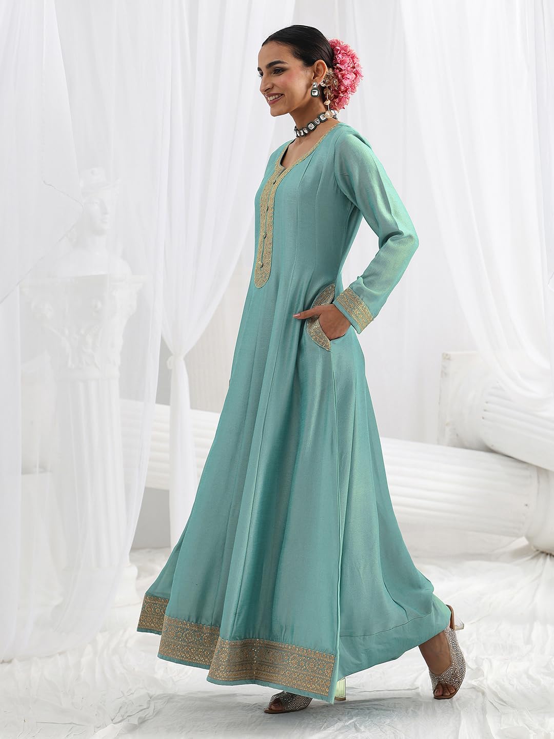 Libas Embroidered Silk Blend A-Line Ethnic Dress with Dupatta-93637L
