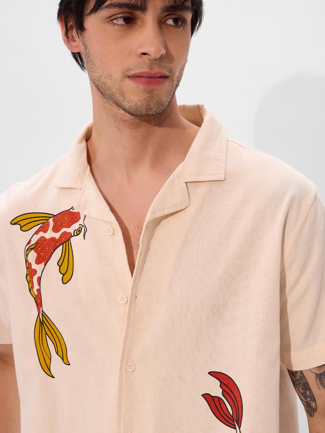 The Souled Store So Koi Men and Boys Collared Neck Button Front Orange Embroidered Regular Fit Cotton Half Sleeve Shirts