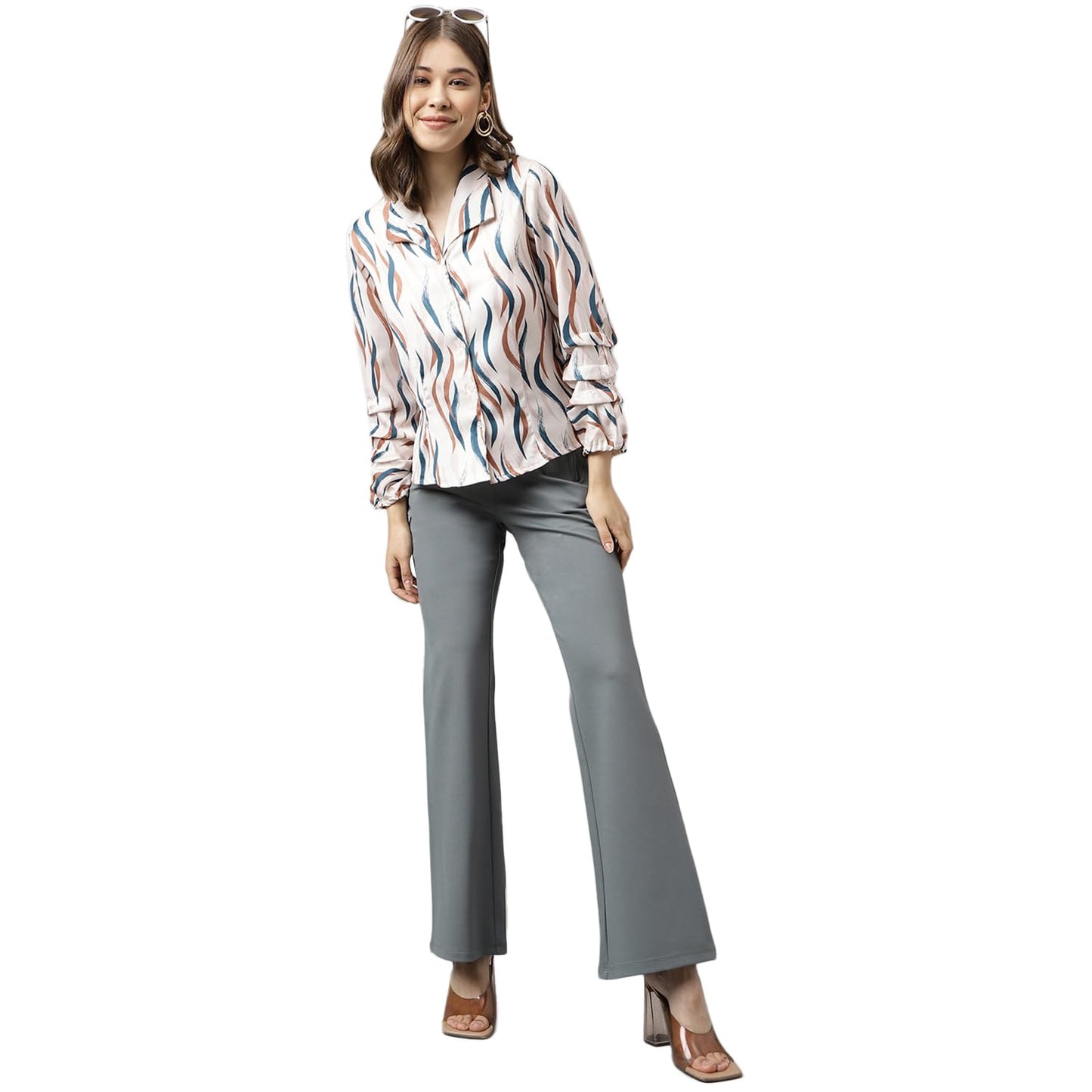 Latin Quarters Women Collar Neck Full Sleeve Printed Top Beige