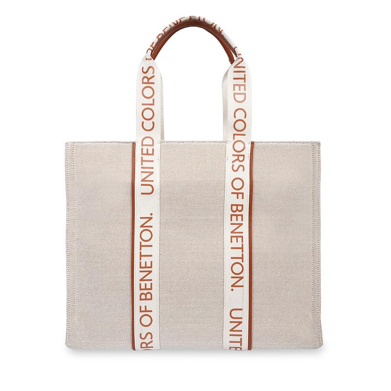 United Colors of Benetton Women's Giada Canvas Tote Bag - Off White & Tan | Spacious Everyday Tote with Zipper | Stylish Handbag for Women | Ideal for Gifting
