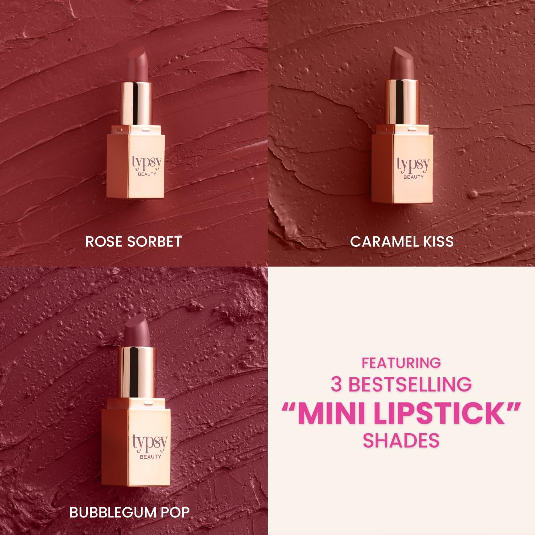 Typsy Beauty Mini Lipstick Set of 3 Luxurious Highly Pigmented Lightweight Travel Size Lippie Happy Hour | Vegan & Paraben-Free Formulated in Italy 1.5g