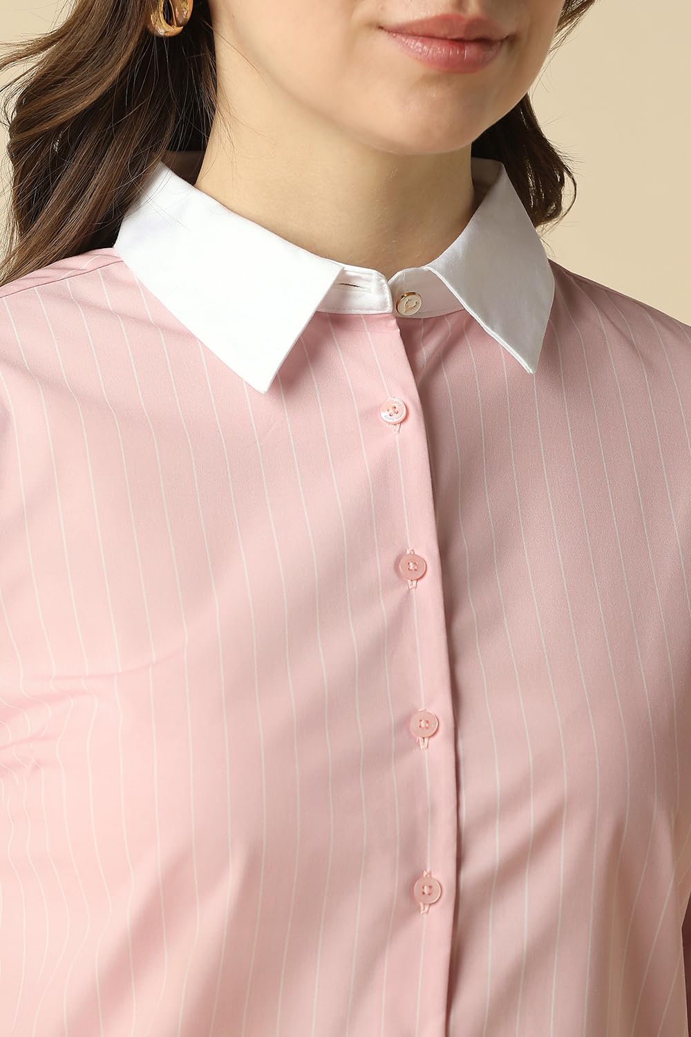 Women Pink Stripe Long Sleeves Shirt