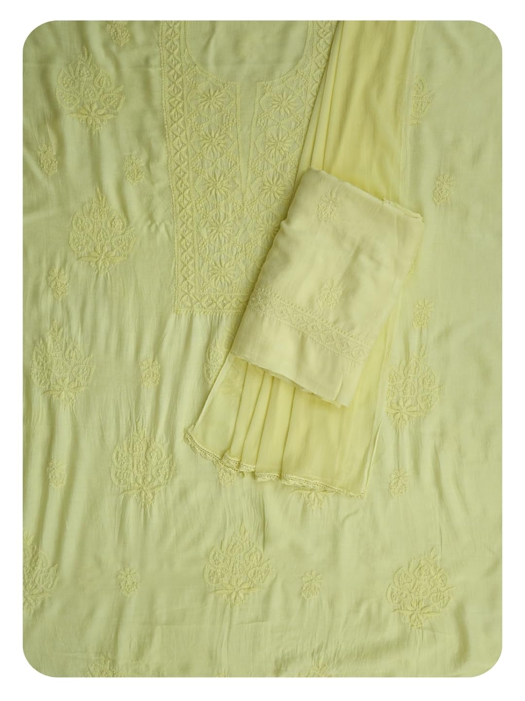 Ada Hand Embroidered Lucknowi Chikankari Unstitched Muslin Dress Material Suit Piece with Dupatta for Women 01A773428 Lemon