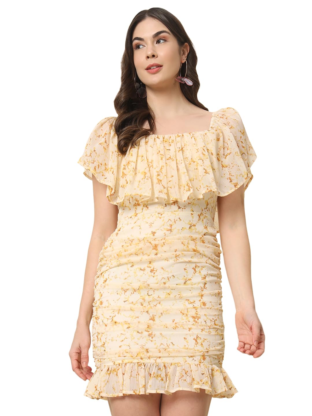 Trend Arrest.ed Women's Floral Ruched Mini Dress | Off-Shoulder Ruffle Neckline | Fully Lined Short Dress | Casual Summer Brunch & Vacation Wear (D5271_Cream_M)