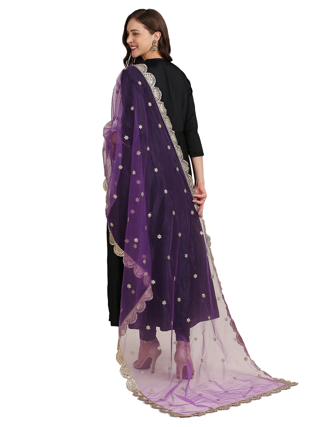 DUPATTA BAZAAR Women's Purple Embroidered Net Dupatta With Scallops, free size