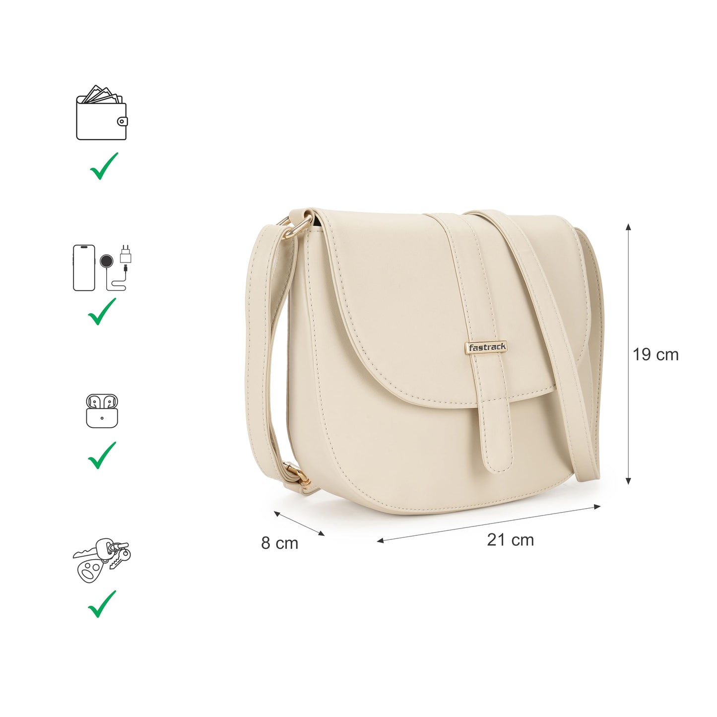 Fastrack Women's Adjustable Sling Bag with Flap and Magnetic Button Closure | Inner Zip and Slip Pockets | Stylish Everyday Sling | Trendy Women's Handbags, Off White