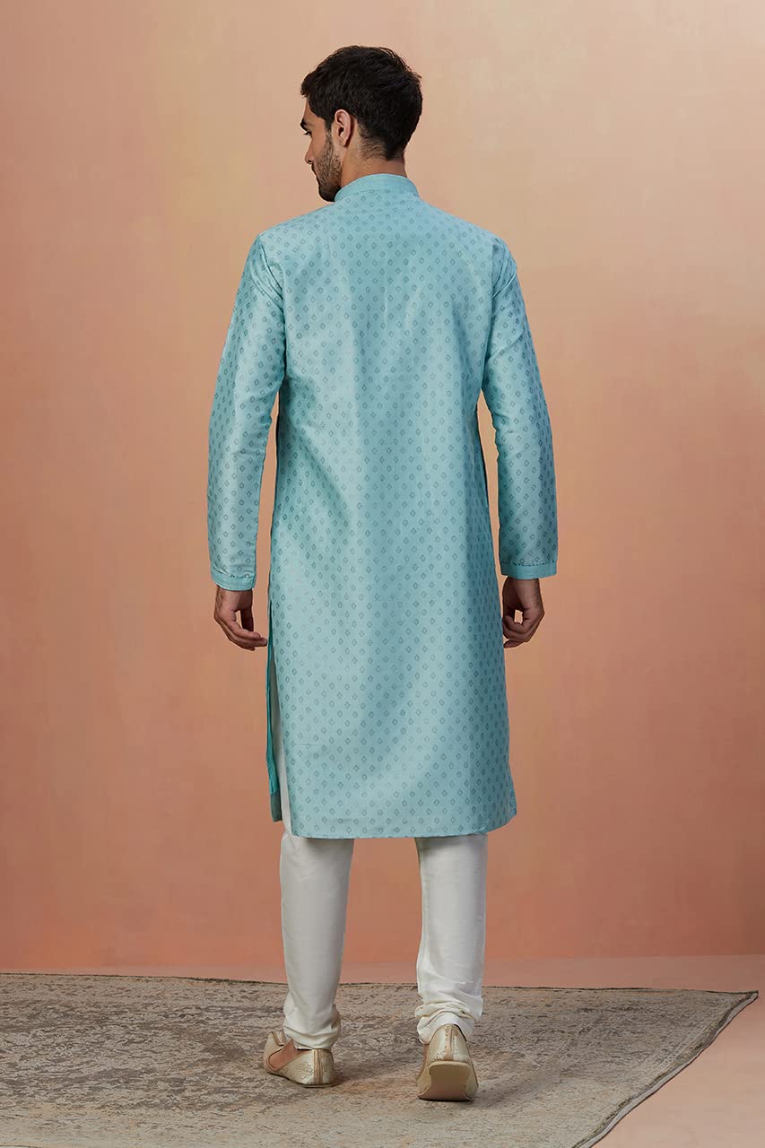 Manyavar Men's Sea Green Kurta Pajama With Golden Motifs (2pcs) (Aqua Green,S)