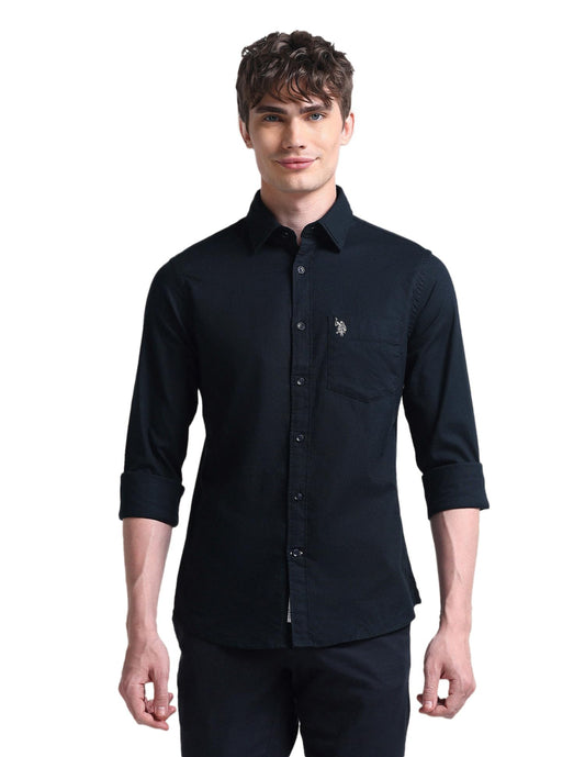 U.S. POLO ASSN. Men's Solid Cotton Dobby Tailored Fit Shirt (USSHTO2709A_Navy_M)