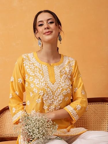 Ada Women Muslin Regular Hand Embroidered Lucknowi Chikankari Straight Top Tunic Short Kurti A911423 Yellow (XL)