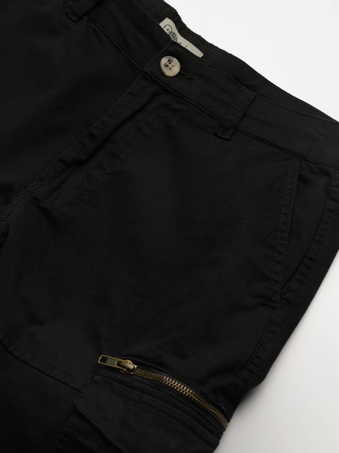 The Souled Store Solids: Black Men and Boys Buttoned Cotton Straight Fit Cargo Pants
