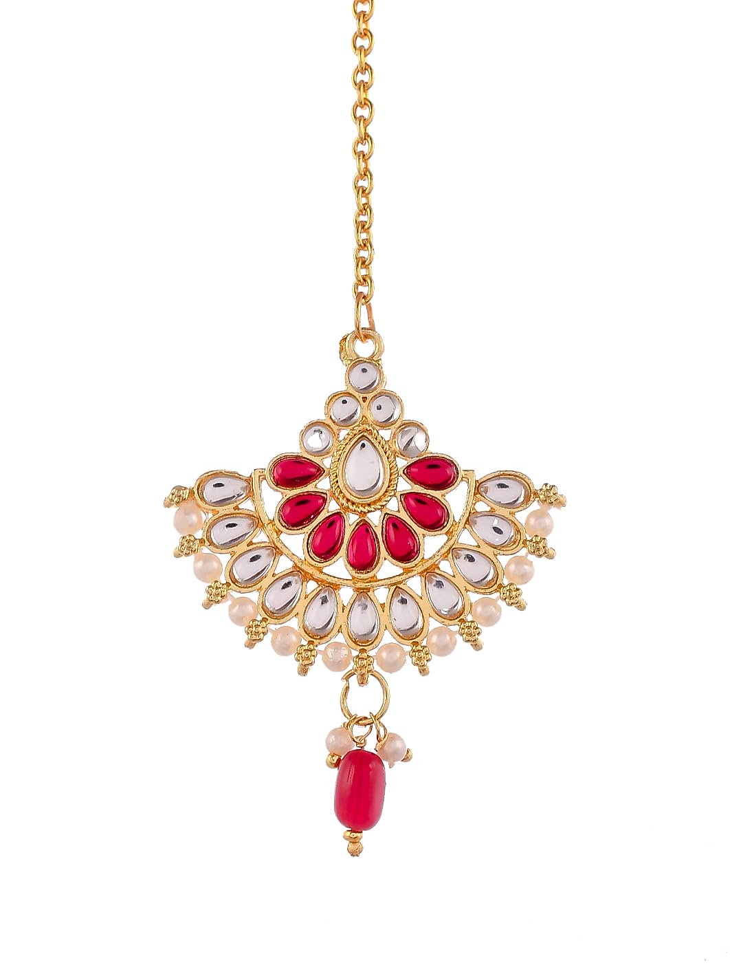 Silvermerc dedign - Gold Plated Ethnic Finish Traditional Kundan Studded Maang Tikka With Pearls For Women/Girls