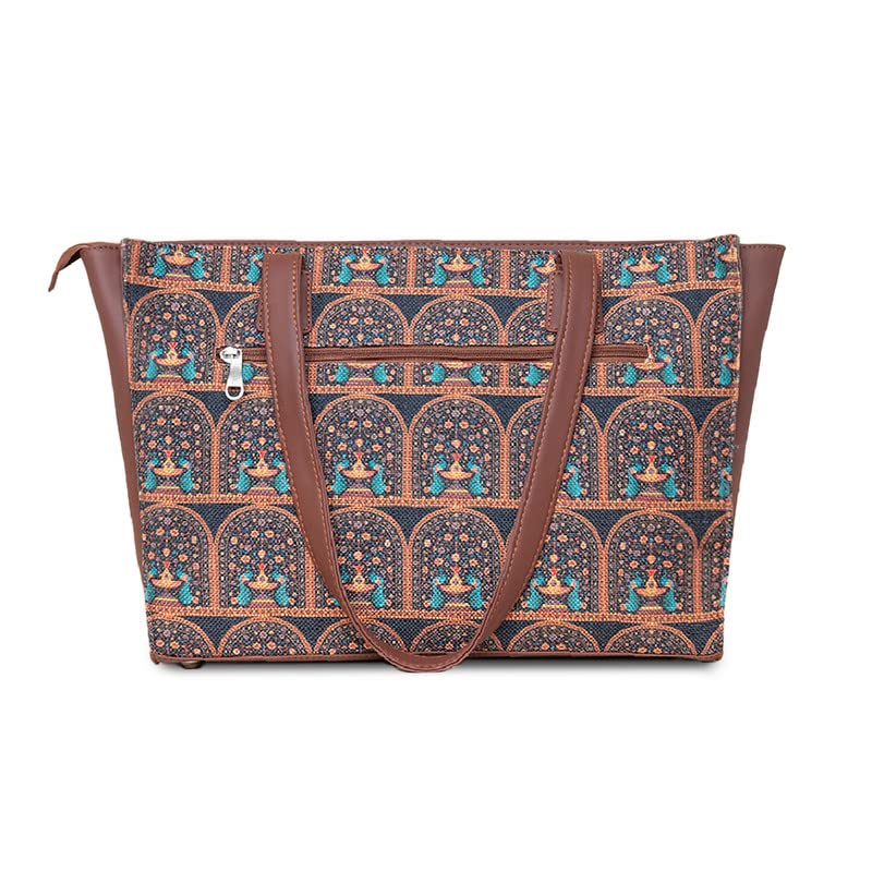 ZOUK Royal Indian Peacock Motif Printed Jute Handcrafted Vegan Leather Women's Multicolor Structured Tote Bag
