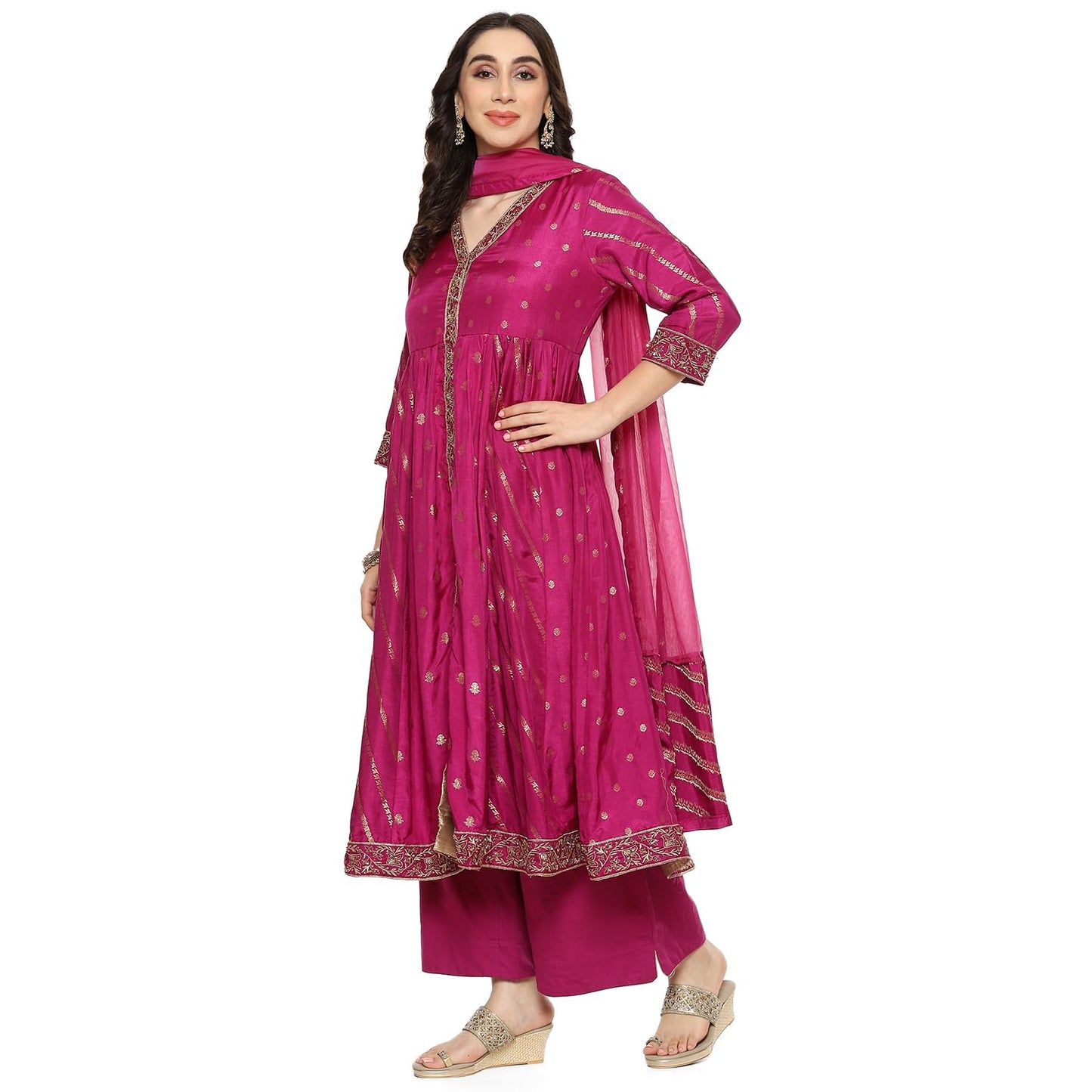 BIBA Women Viscose Anarkali Suit Set(SKDTHE GOLD8966_Magenta_L) (SKDTHEGOLD8966AW23MGT