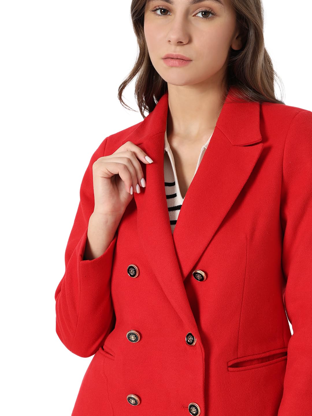 VERO MODA Women Solid Red Polyester Regular Fit Double-Breasted Blazer