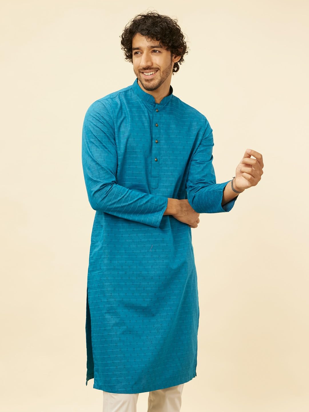 Manyavar Men's Blue Blended Cotton Self Design Kurta Pyjama Set