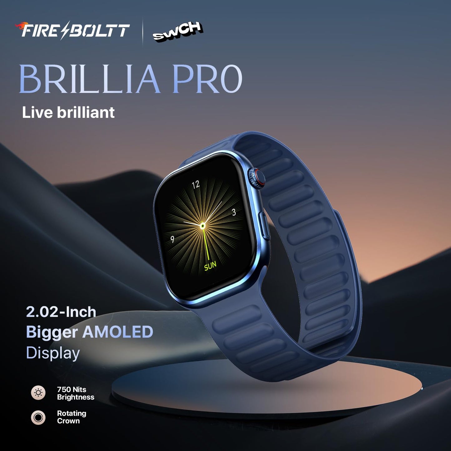 Fire-Boltt Brillia Pro Smart Watch with 51.3mm (2.02 inch) AMOLED Display, Bluetooth Calling, SpO2, Heart Rate Monitoring, 120+ Sports Modes, IP67 Waterproof, Long Battery Life (Blue)