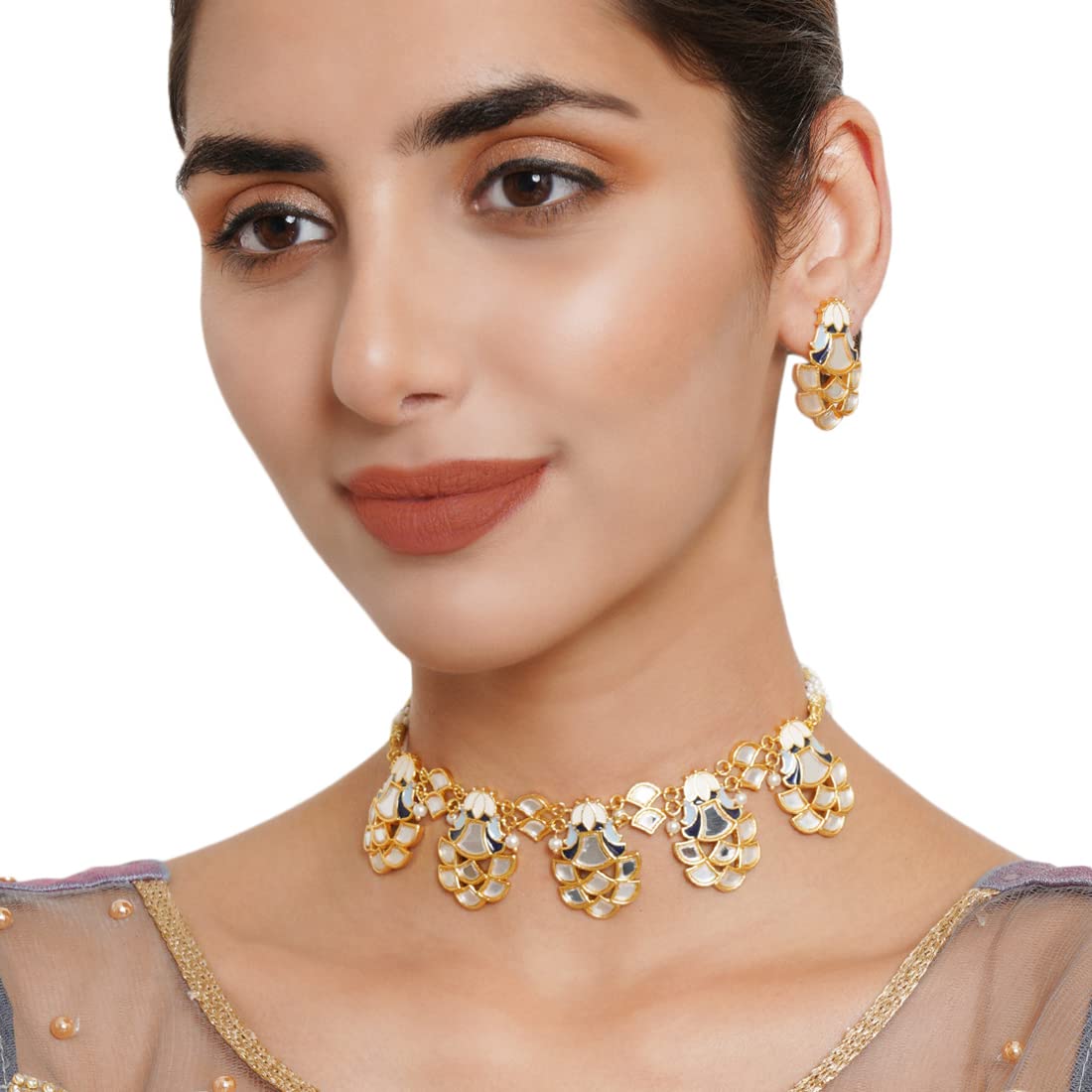 VOYLLA Festive Hues Mirror Work Enamelled Brass Gold Plated Choker Jewellery Set