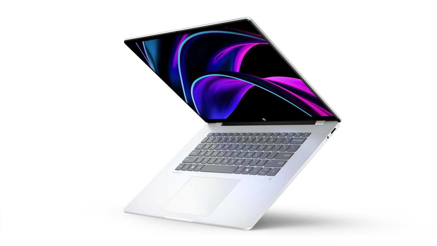 HP Omnibook 5 OLED, Snapdragon X Processor (16GB LPDDR5x,1TB SSD) 2K OLED, Micro-Edge, 16''/40.6cm, Win11, M365*Office24, Glacier Silver, 1.59kg, fb0001QU, FHD Camera, Backlit, Next-Gen AI Laptop
