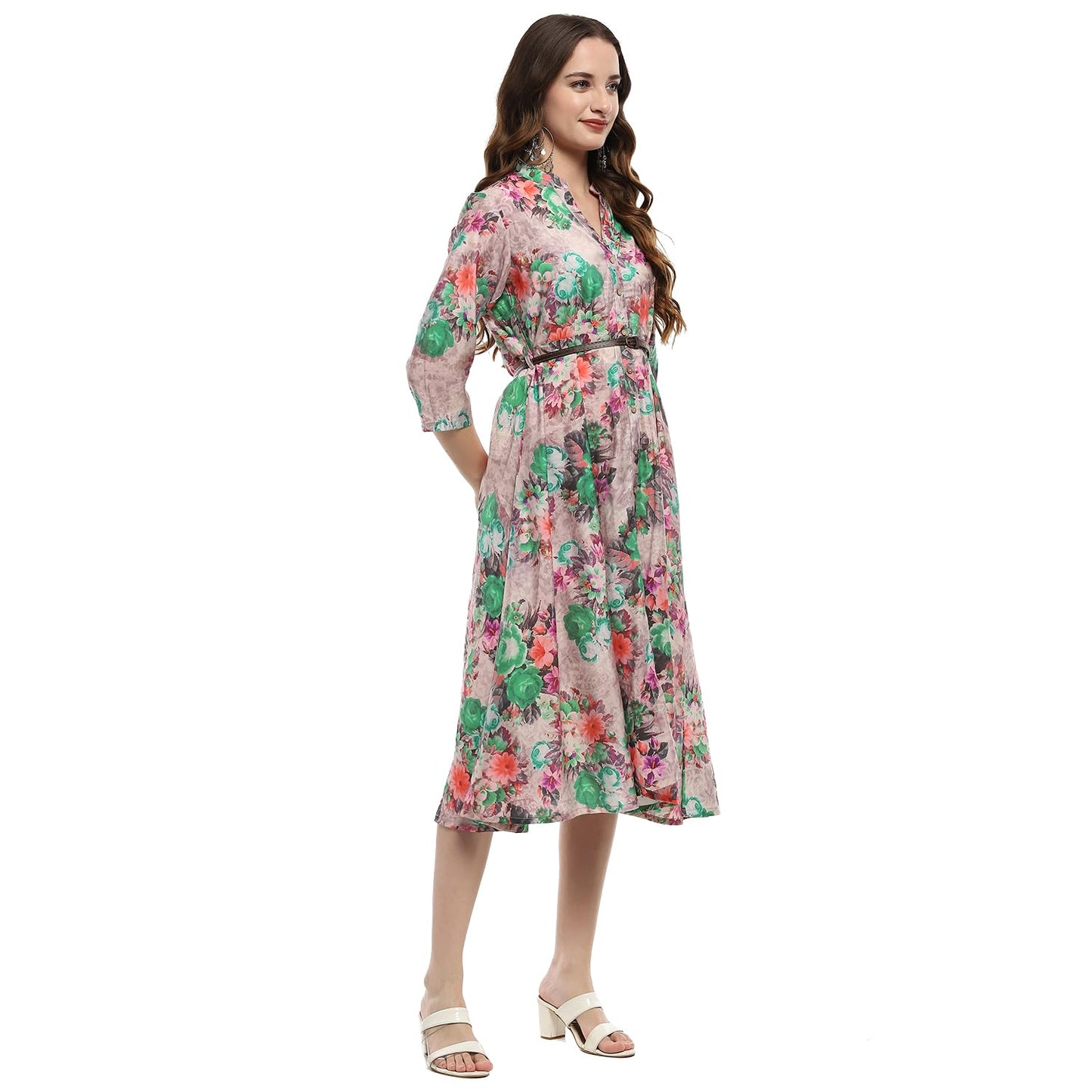 BIBA Women's Rayon Fit and Flare Below The Knee Formal Dress (ASSORTED1775EAW24PINK