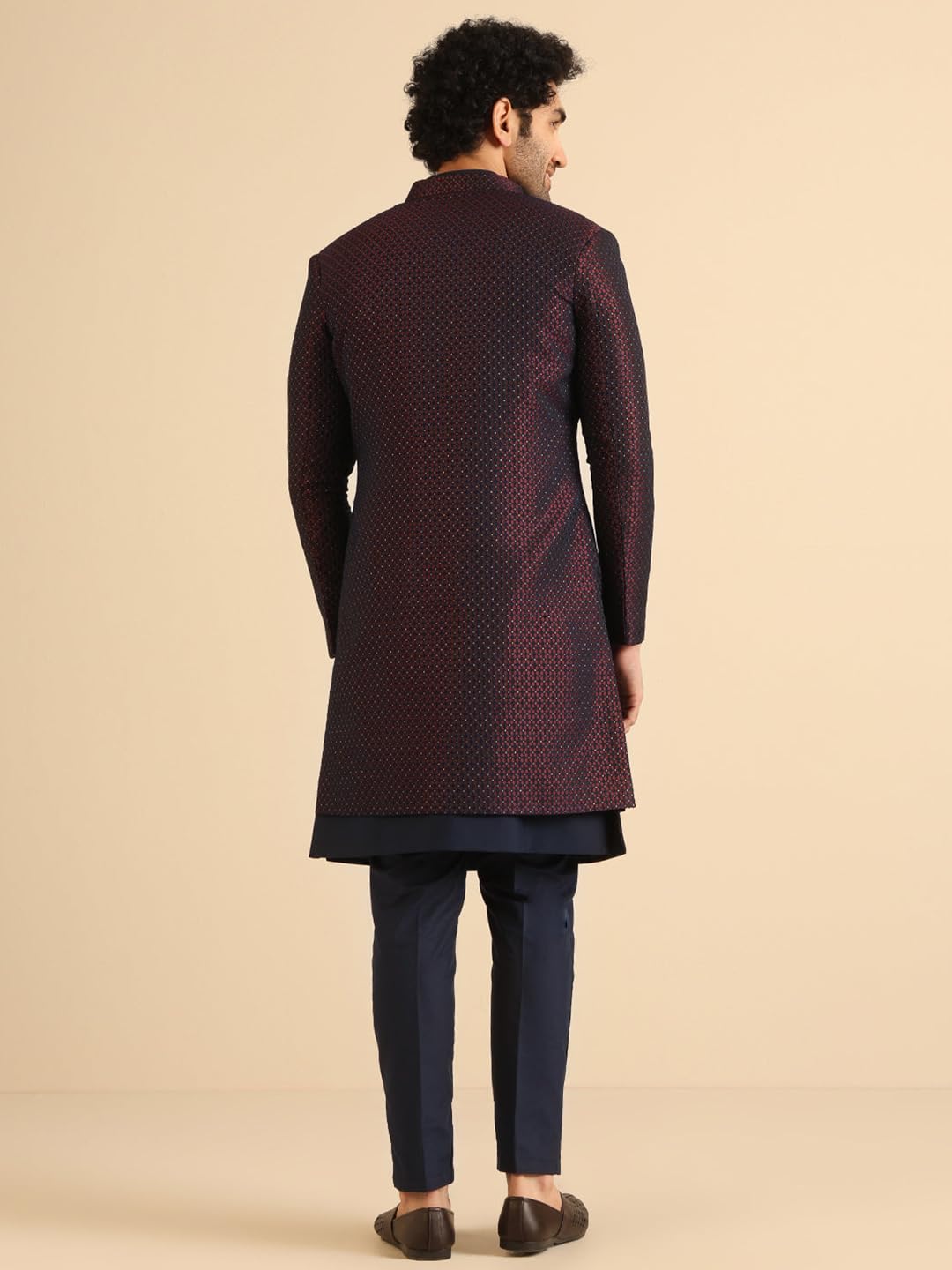 KISAH Jacket Sherwani Set for Men – Woven Design Jacquard Sherwani with Trouser | Ethnic & Formal Indian Outfit for Weddings, Celebrations & Parties, Wine, 42