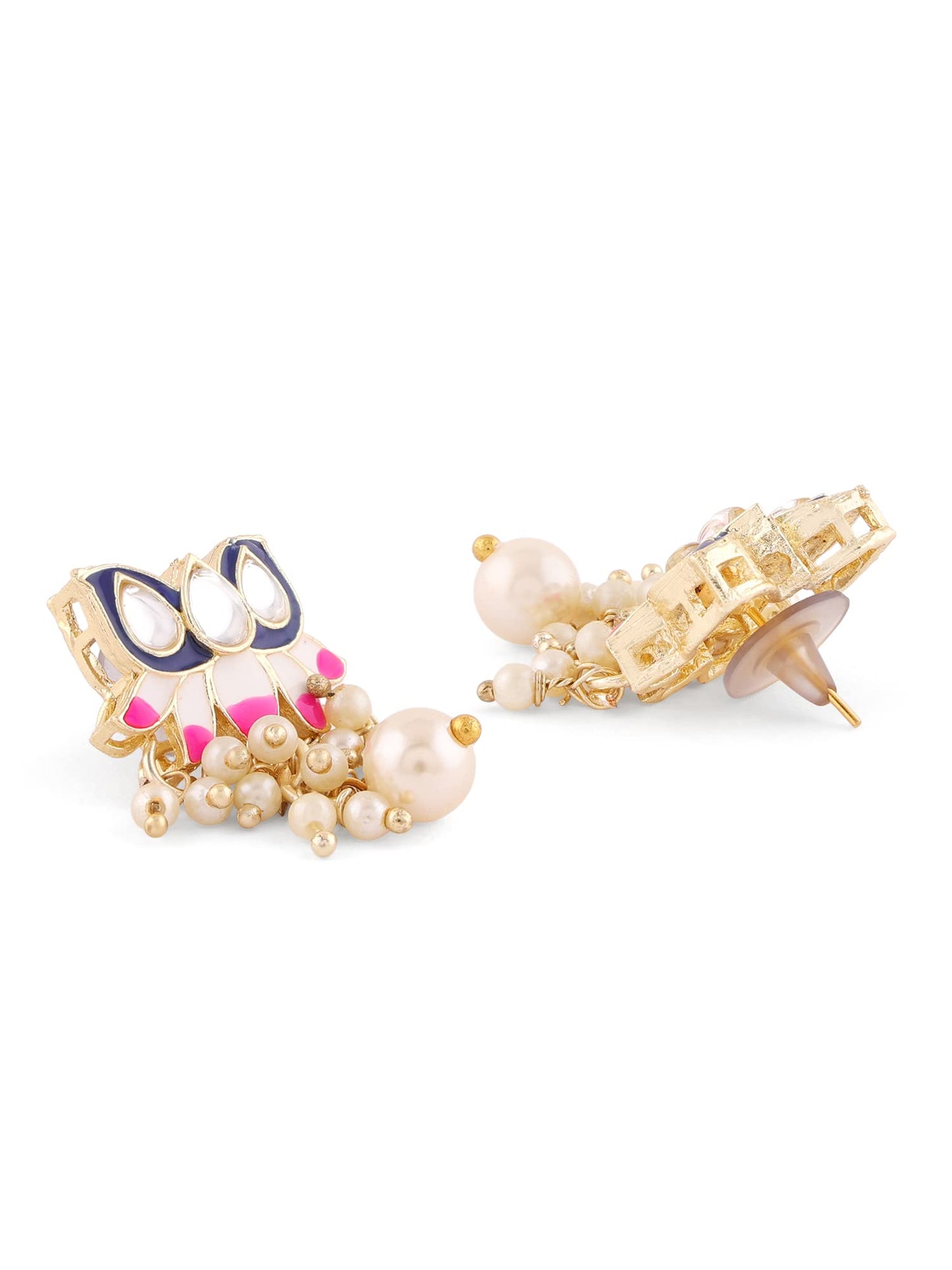 ZAVERI PEARLS Blue & Pink Meenakari Lotus Design Choker Necklace Earring & Ring Set For Women-ZPFK14435