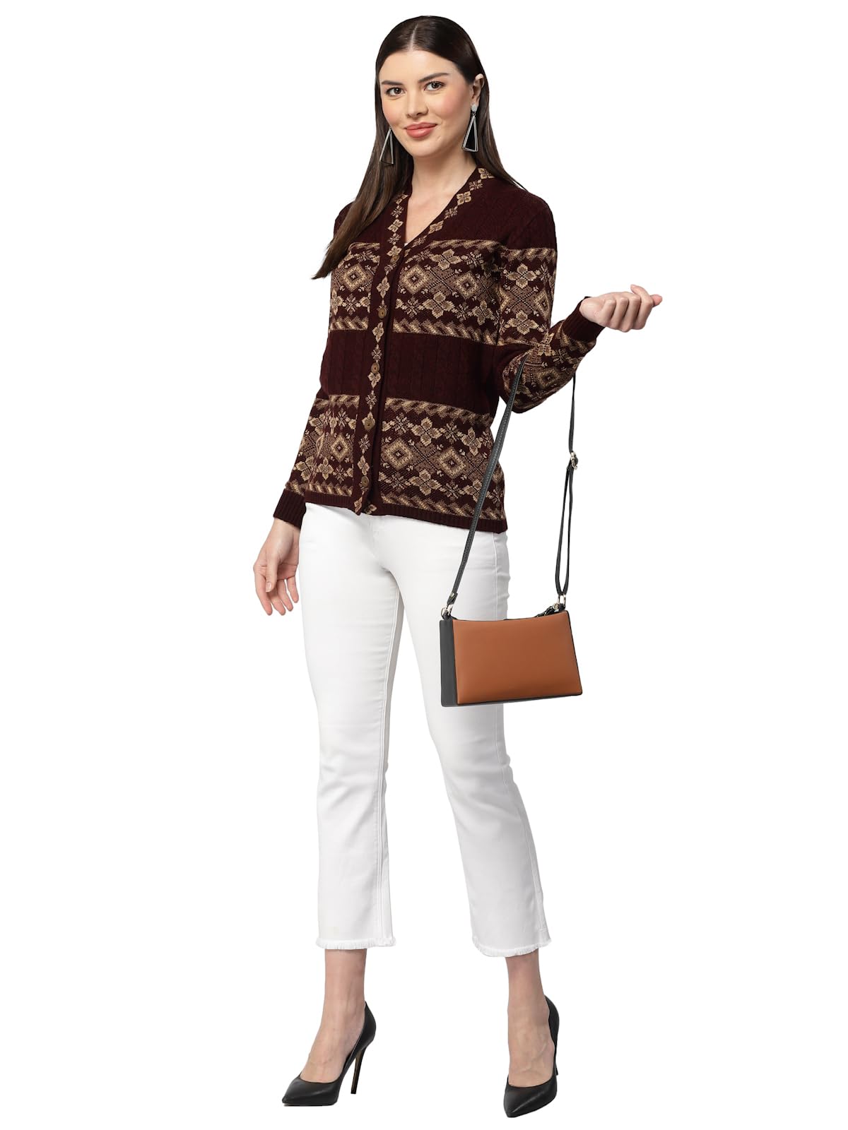 Kalt Women Sweater for Winter Woolen Acrylic Full Sleeves V-Neck Jacquard Design Cardigan Sweater for Women Winter Woollen Stylish(Maroon;7XL)