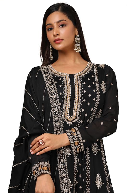 Soch Womens Black Chinon Embroidered Anarkali Suit Set With Sequins