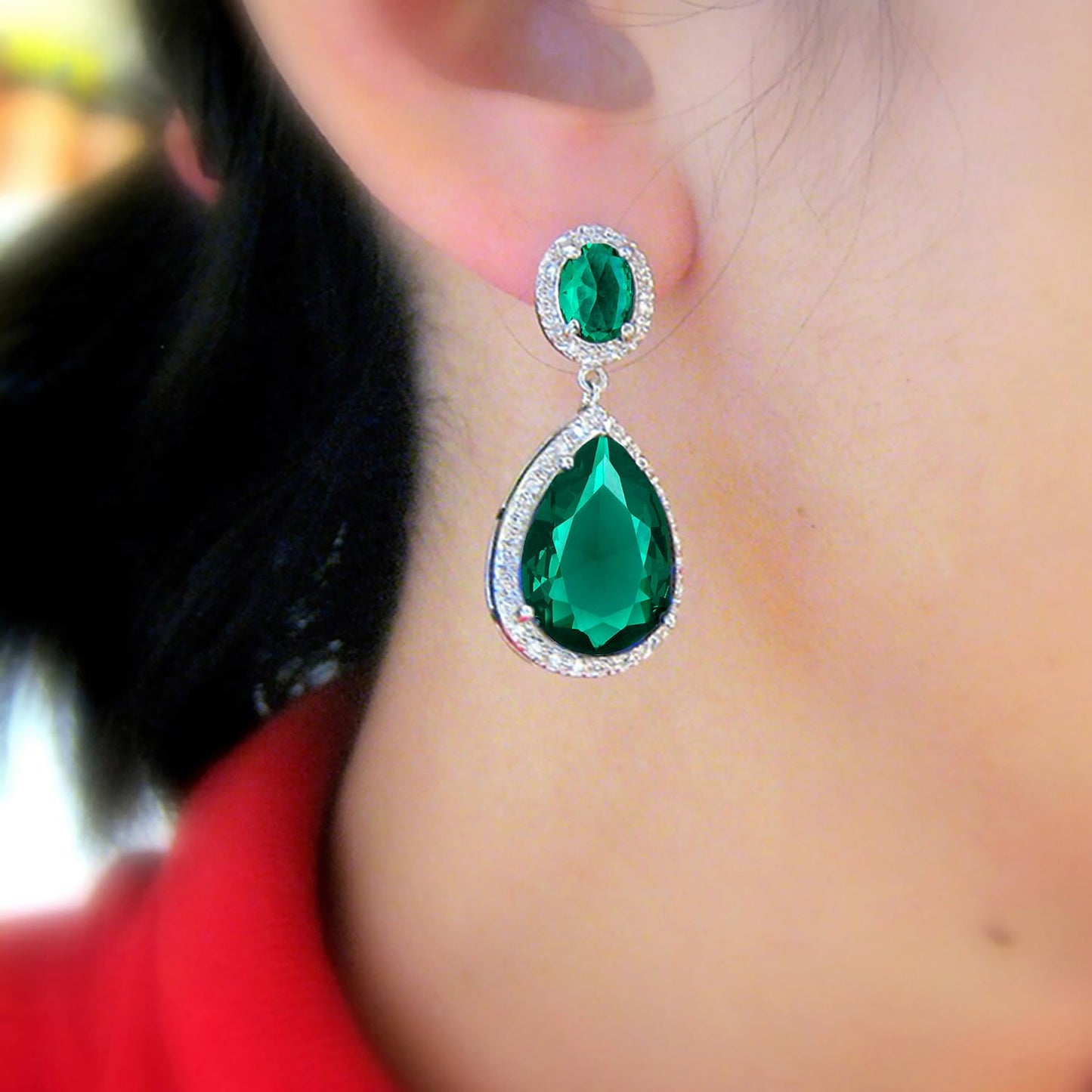 Peora Silver Plated Cubic Zirconia & Green Crystal Studded Drop Earrings Trending Jewellery For Women